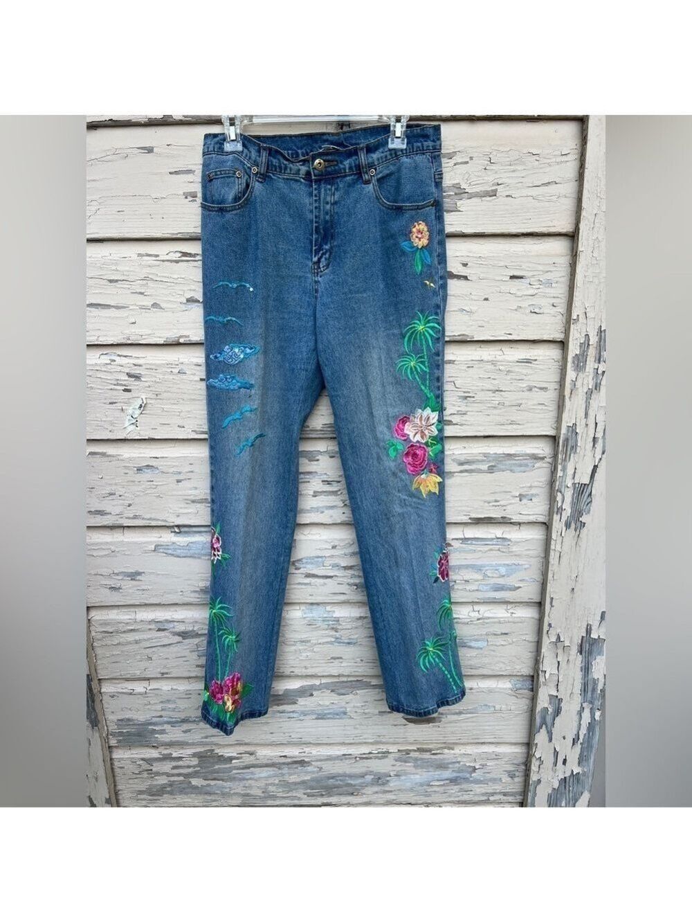Vintage 90s Diane Gilman DG2 BoHo Embroidered High Waisted Mom Straight Jeans 8